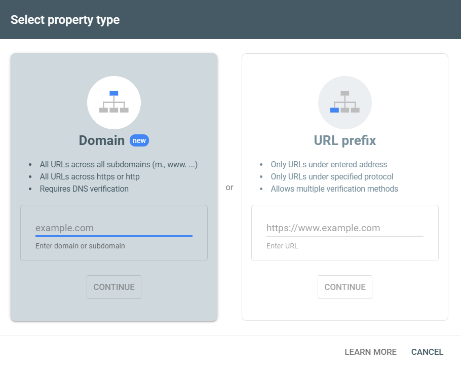 Imagem de seleção de propriedades no google search console